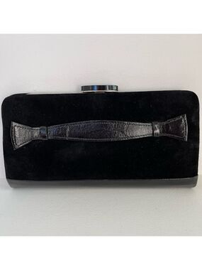 VINTAGE Black Suede Leather Clutch Bag Frame Style Top Clasp Occasion Event Chic